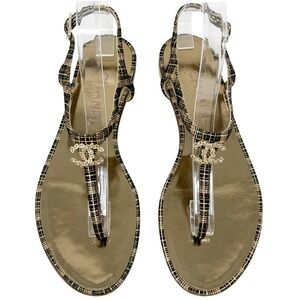 Chanel CC Crystal Thong Slingback Sandals Black Gold Cruise 2016 37C